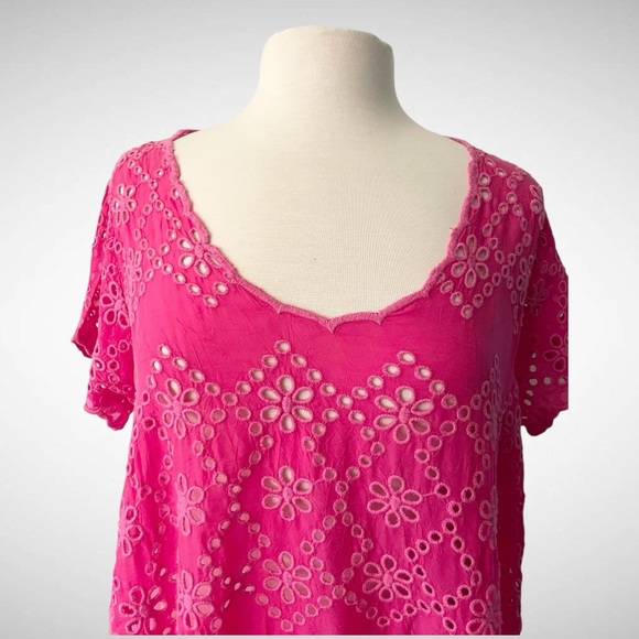 JOHNNY WAS FUCHSIA EYELET BOHEMIAN TUNIC TOP SIZE MEDIUM - Picture 5 of 11